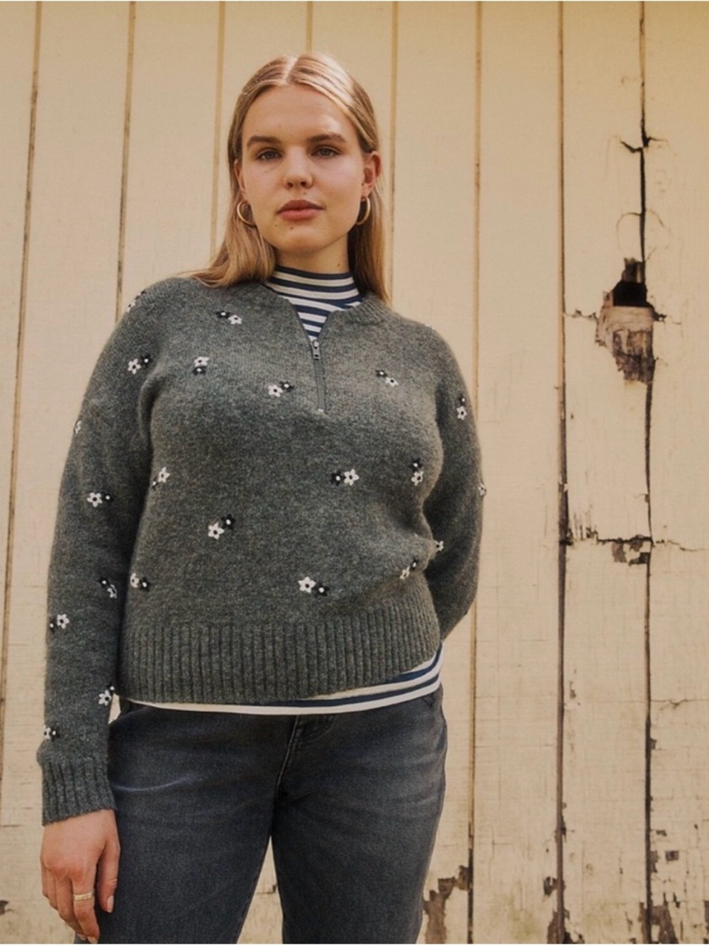 Madewell Heather Floral Half-Zip Sweater
